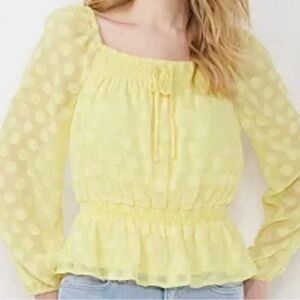LC Lauren Conrad Women Yellow Smocked Squareneck Peplum Polka Dot Lined Size L